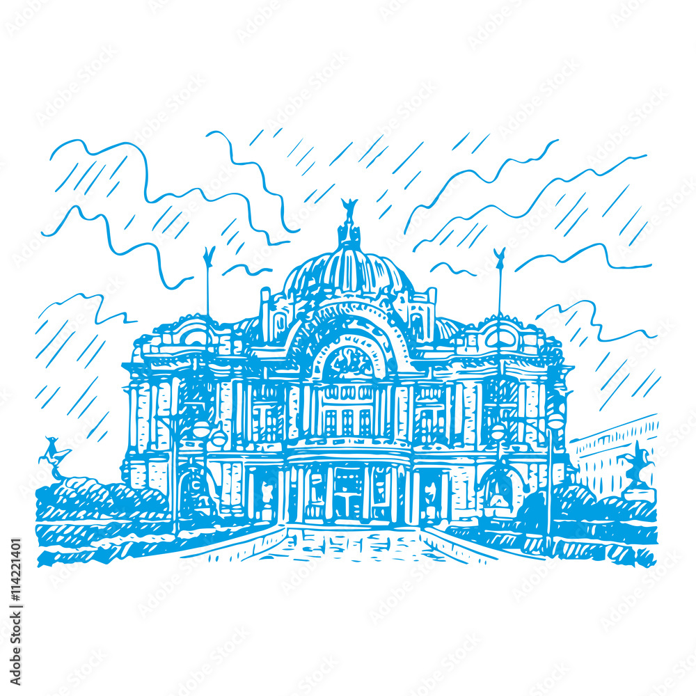 The Palace of Fine Arts (Palacio de Bellas Artes) in Mexico City. Sketch by hand. Vector illustration