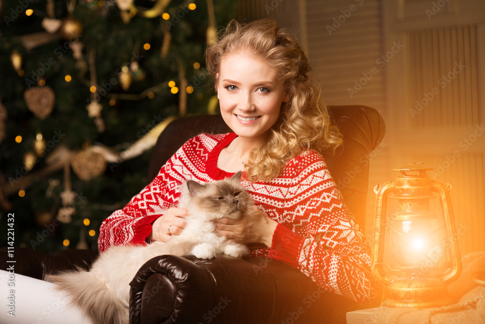 Christmas party, winter holidays woman with cat. New year girl. Christmas party, winter holidays woman with cat. New year girl.