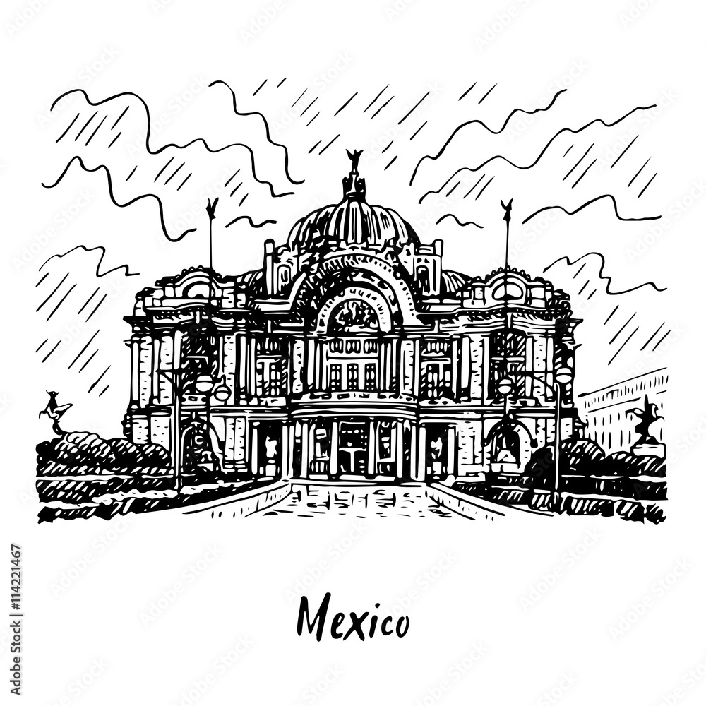 The Palace of Fine Arts (Palacio de Bellas Artes) in Mexico City. Sketch by hand. Vector illustration