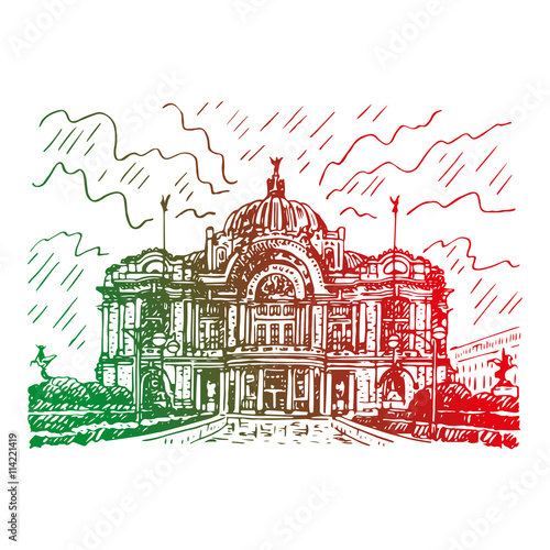 The Palace of Fine Arts (Palacio de Bellas Artes) in Mexico City. Sketch by hand. Vector illustration