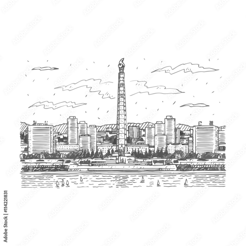 The Juche Tower (more formally, Tower of the Juche Idea) is a monument in Pyongyang, the capital of North Korea. Sketch by hand. Vector illustration