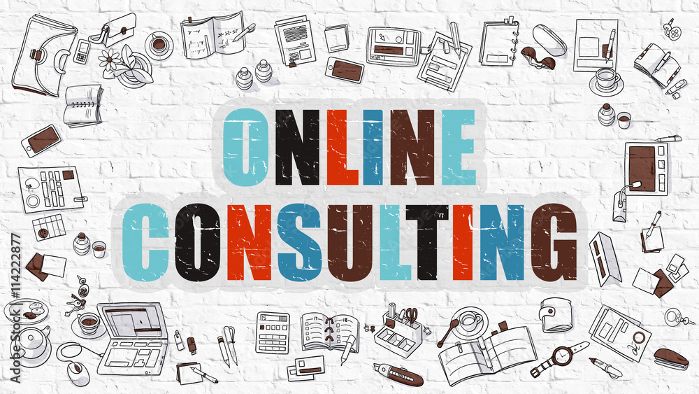 Online Consulting. Online Consulting Drawn on White Brick Wall. Online Consulting in Multicolor. Modern Style Illustration. Doodle Design Style of Online Consulting. Line Style Illustration. 
