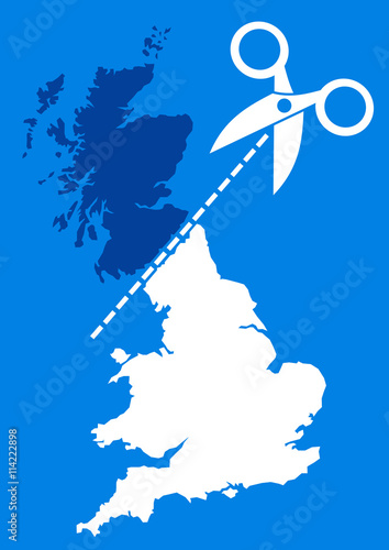 Scottish independence referendum - scissors cut Scotland from rest of United Kingdom of Great Britain. Decision of autonomy area to stay or separate and disintegration of UK or maintenance of union