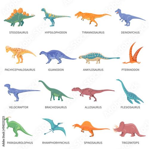 Fototapeta Zestaw kolorowych ikon na białym tle dinozaurów