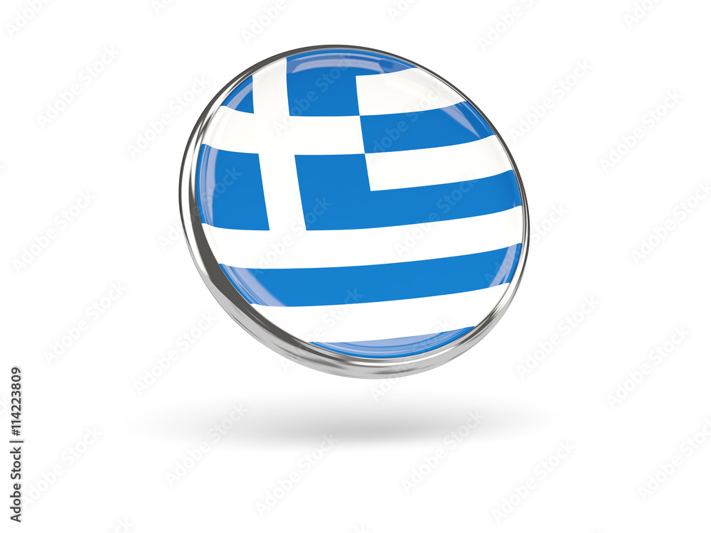 Flag of greece. Round icon with metal frame Flag of greece. Round icon with metal frame