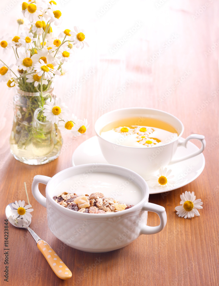 Muesli mix with yogurt in a bowl