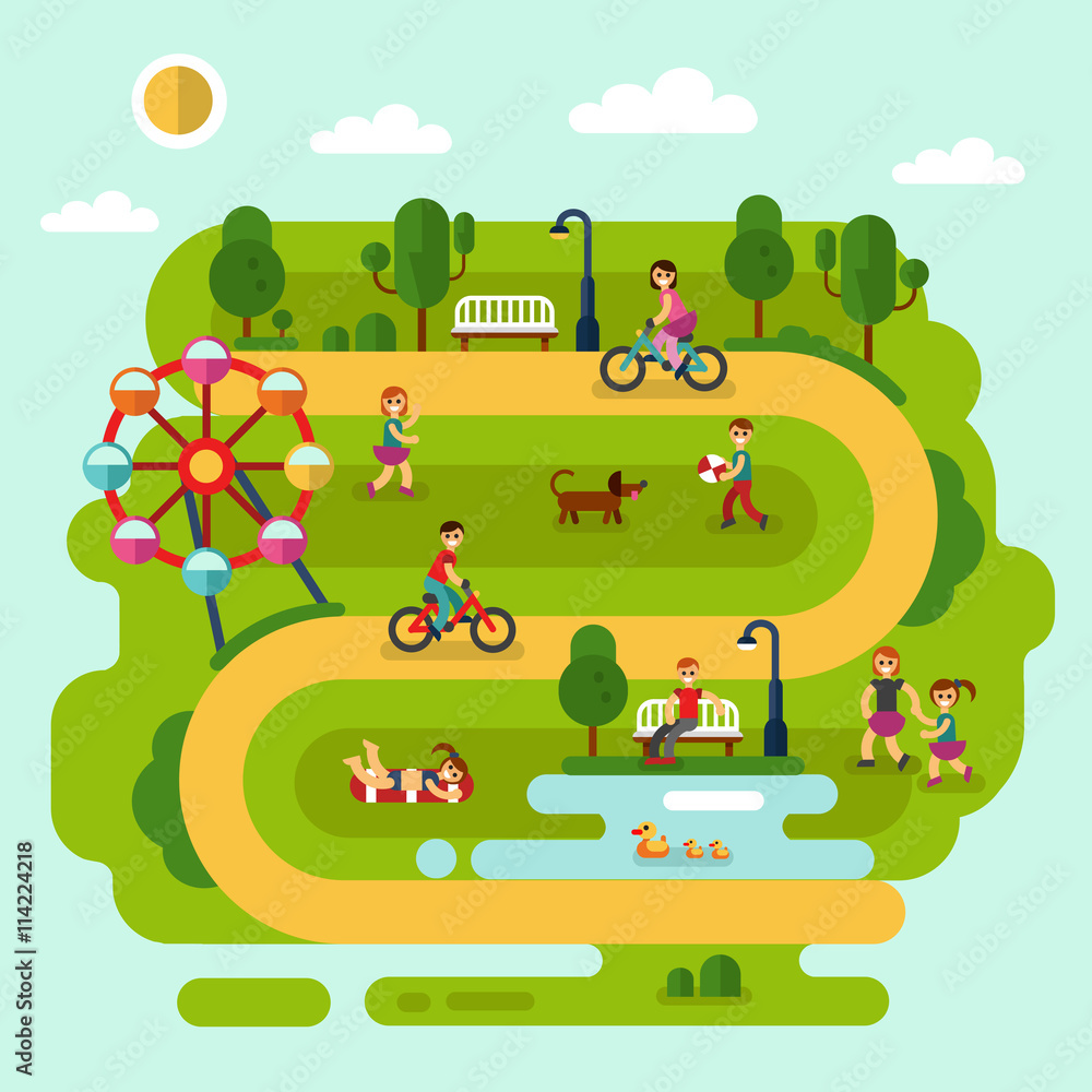 Fototapeta premium Flat design vector summer landscape illustration of park with sunbathing girl, ferris wheel, road, bench, walking people, cyclists, pond with ducks, boy with ball, children playing with dog.