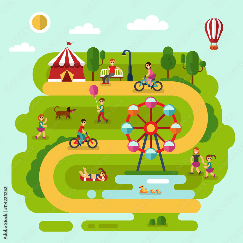 Obraz premium Flat design vector summer landscape illustration of amusement park with air balloon, ferris wheel, road, bench, walking people, cyclists, pond with ducks, boy with balloon, children playing with dog.