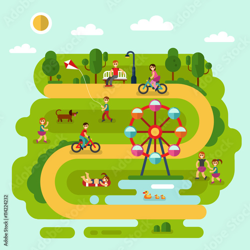 Flat design vector summer landscape illustration of park with sunbathing girl, ferris wheel, road, bench, walking people, cyclists, pond with ducks, boy with kite, children playing with dog.