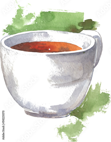 White cup of black tea drawn by watercolor on white paper with green brushstrokes. Hand drawn vector illustration