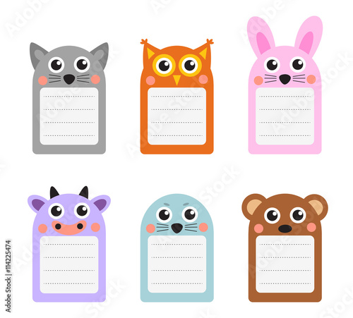 Cute animals note set of scrapbook elements. Vector illustration