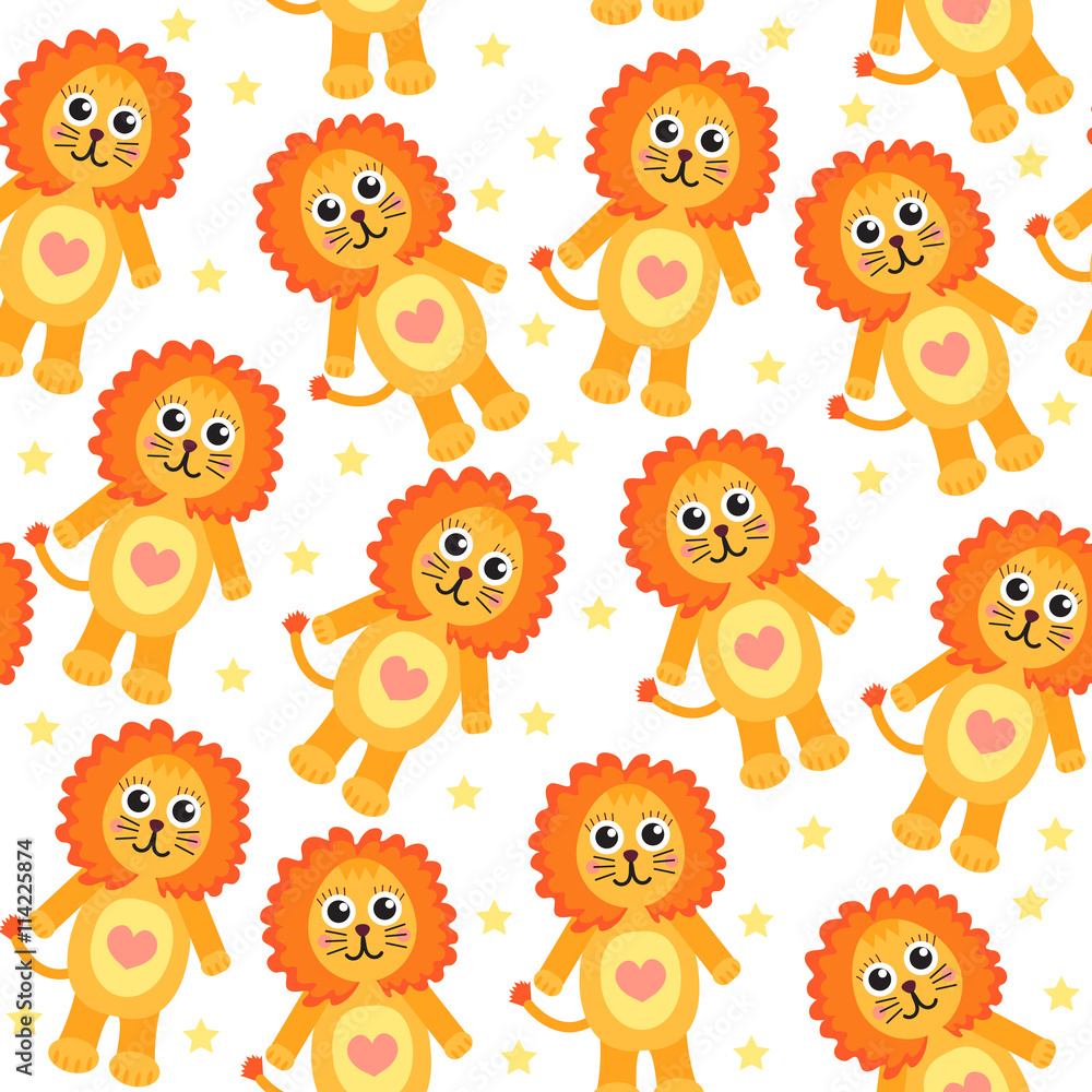 Cute cartoon lion seamless texture. Vector illustration