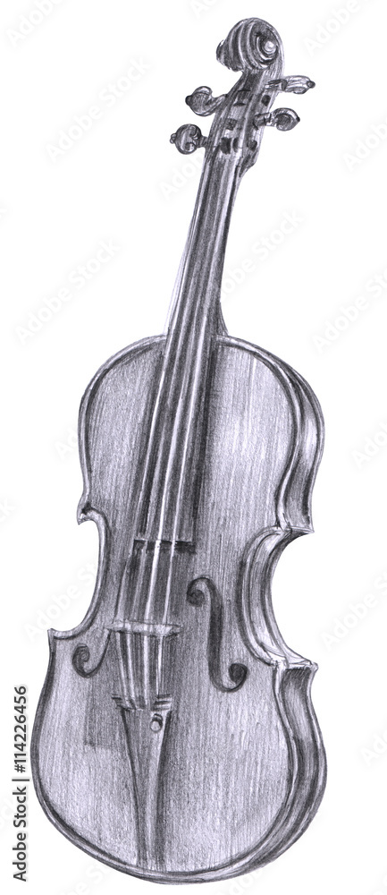 Black and white pencil drawing of vintage violin on white Stock Illustration
