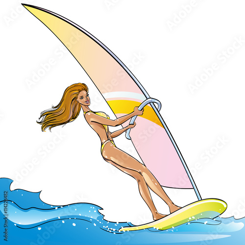Beautiful happy tanned athletic girl in a swimsuit bikini surfing, water extreme sport on the ocean waves of the sea along the shore, hobbies and leisure on beach holidays vacation, isolated vector