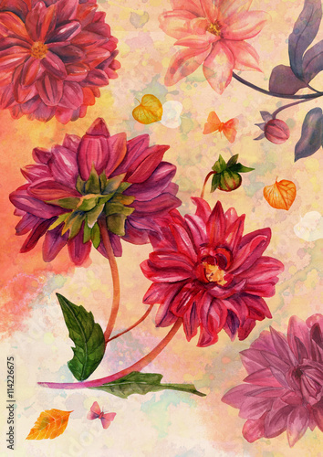 Vintage style greeting card with watercolor dahlias, leaves, and butterflies
