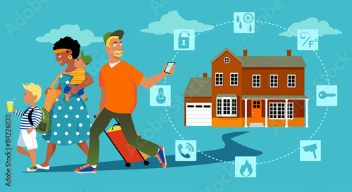 Family going on vacation, a man arming a home security system on his way out, EPS 8 vector illustration, no transparencies