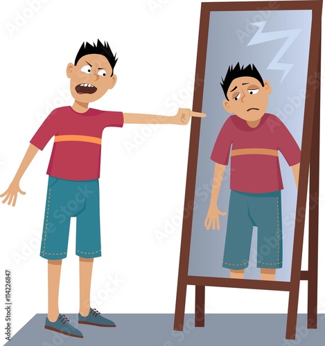 A negative person screaming at his own sad reflection in the mirror, EPS 8 vector illustration, no transparencies