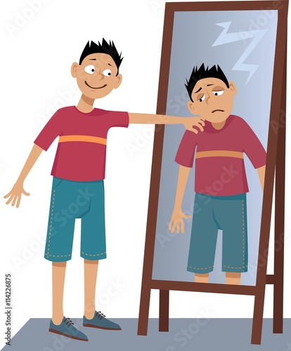 A positive person tapping his own sad reflection in the mirror on the shoulder, EPS 8 vector illustration, no transparencies
