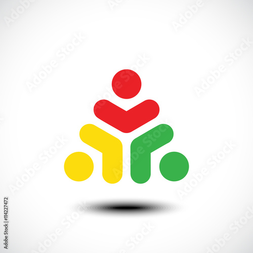 Three happy motivated people in a round colorful logo. Vector illustration
