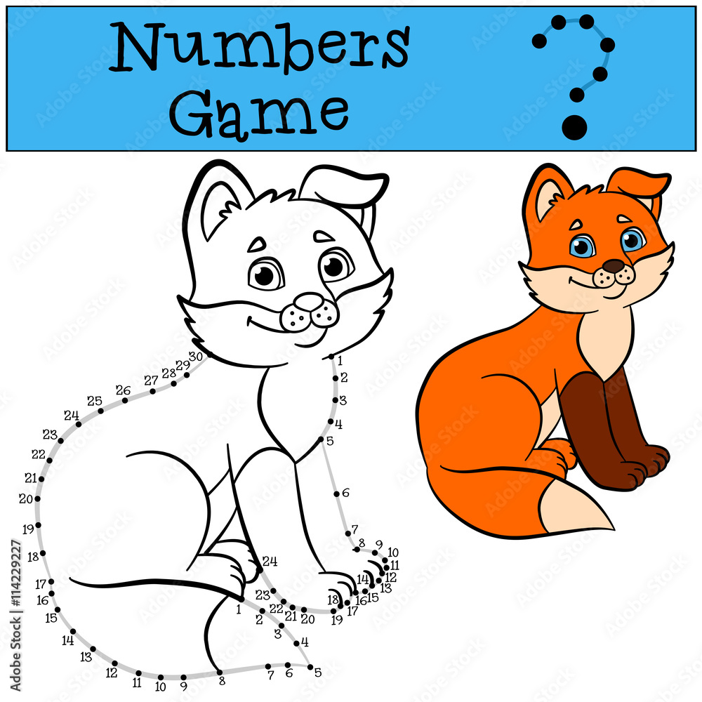 Educational games for kids: Numbers game with contour. Little cute fox ...