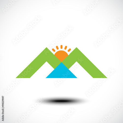 Mountain, sun and river, Vector illustration