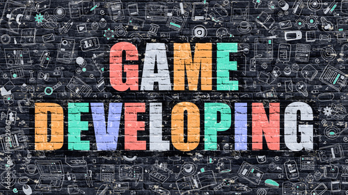 Game Developing. Multicolor Inscription on Dark Brick Wall with Doodle Icons. Game Developing Concept in Modern Style. Doodle Design Icons. Game Developing on Dark Brickwall Background.