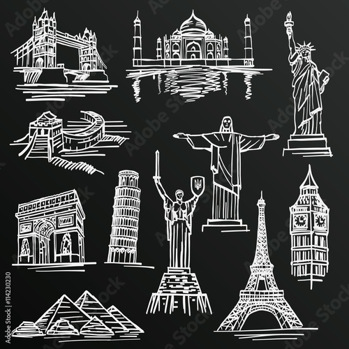 Chalkboard sketch of hand drawn tourist places, template design element, Vector illustration