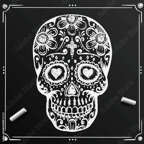 Chalkboard Day Of The Dead Skull sketch. Draw  sugar flower.  tattoo. Vector illustration