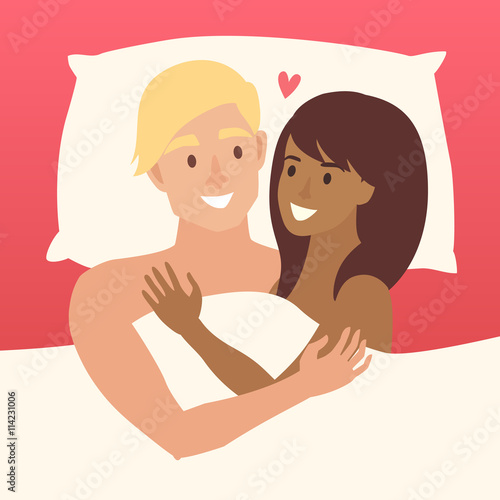 Couple in bed vector. Happy family couple illustration. African american woman and white man intermarriage. Lovers couple in bed. Relationship sensual concept. Sexy man and woman in bedroom