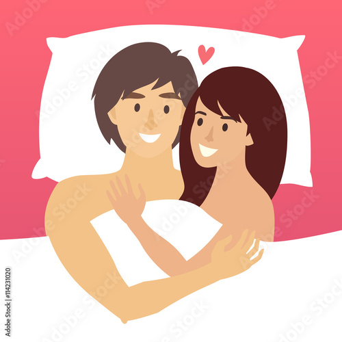 Couple in bed vector. Happy family couple illustration. African american woman and asian man intermarriage. Relationship sensual concept. Couple in bed vector set. Happy family couple illustration