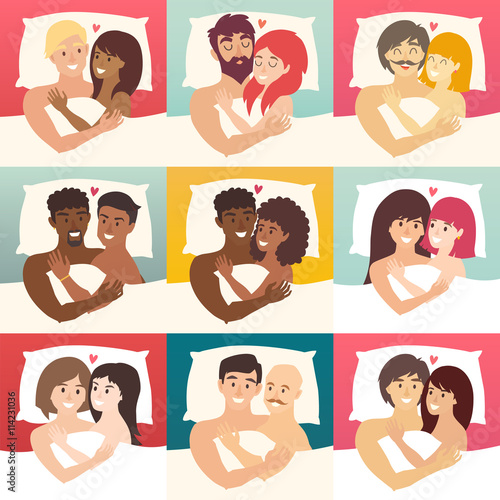 Couple in bed vector set. Happy family couple illustration. Happy family couple. Gay couple in bed. Lesbian lovers in bedroom. Relationship and tolerance art. Sensual concept. Sexy man and woman