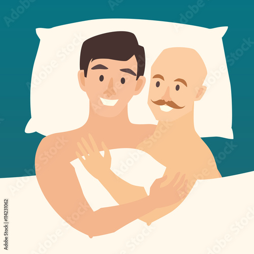 Gay couple in bed. Happy gay couple vector illustration. Lovers gay couple in bed. Gay in bedroom. Relationship sensual concept. Sexy gay