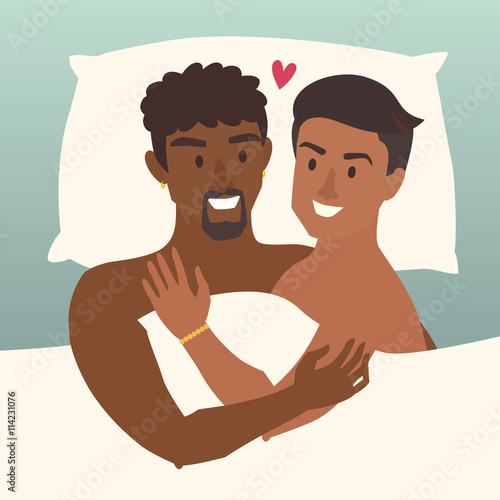 Gay couple in bed. Happy gay couple vector illustration. Lovers gay couple in bed. African american man in bedroom. Relationship sensual concept. Sexy gay. Cute homosexual partner art