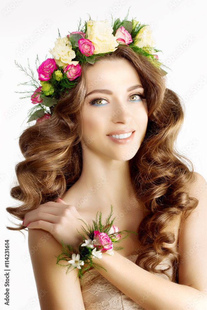 Spring woman Young Girl flowers Beautiful model wreath bracelet Spring woman Young Girl flowers Beautiful model wreath bracelet