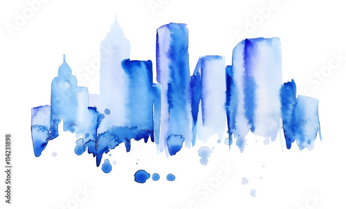 Photography silhouette of the city of new York watercolor hand-drawn in blue tones, painted