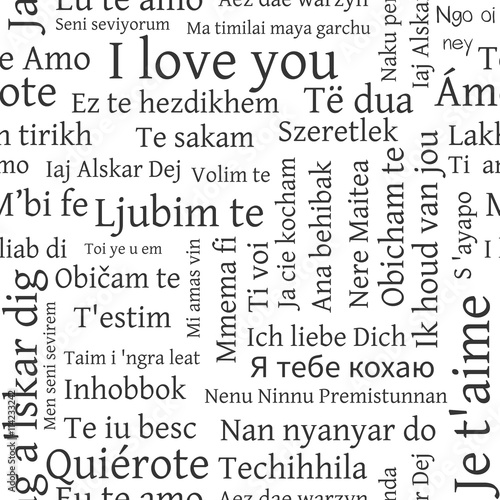 Word cloud pattern. Phrase I love you in different languages of the world. Vector seamless background on white.