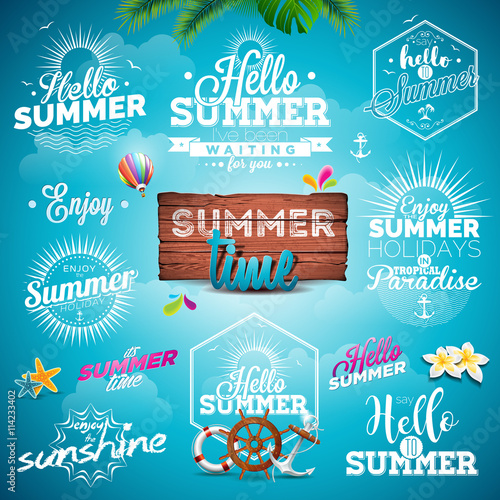 Vector Summer Typography Illustration set with signs and symbols on blue background. Icon collection for travel agency, restaurant and bar, beach vacation and party.