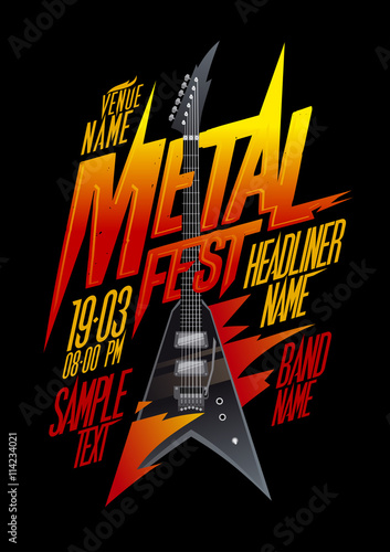 Metal fest poster design with vintage v style electro guitar