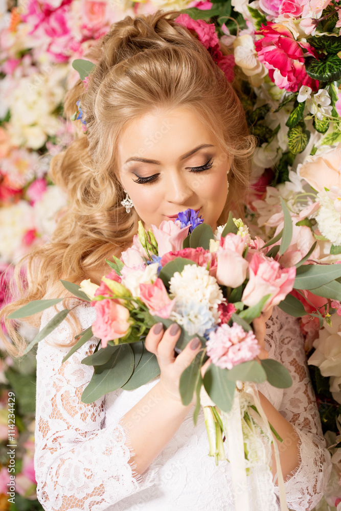 Fototapeta premium Beautiful fashion model. Sensual bride. Woman with wedding dress