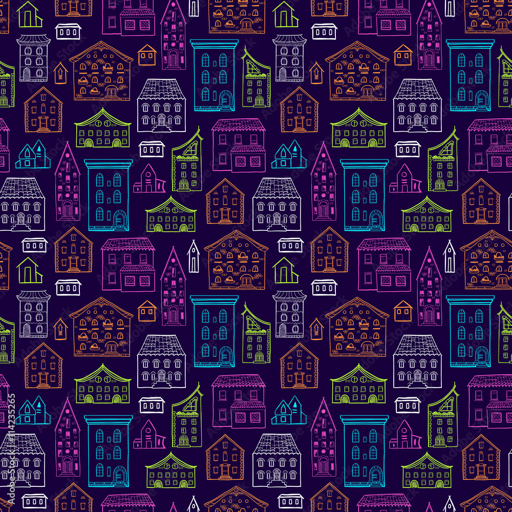Seamless hand-drawn pattern, cute colorful background with houses, color nice buildings on dark background, good for design fabric, wrapping paper, postcards, EPS 8