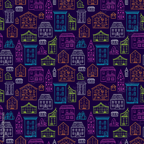 Seamless hand-drawn pattern, cute colorful background with houses, color nice buildings on dark background, good for design fabric, wrapping paper, postcards, EPS 8