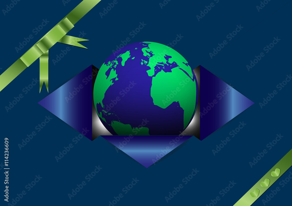Opening globe from blue envelope tied up with green ribbon decorated with small heart shaped ribbon, earth day concept