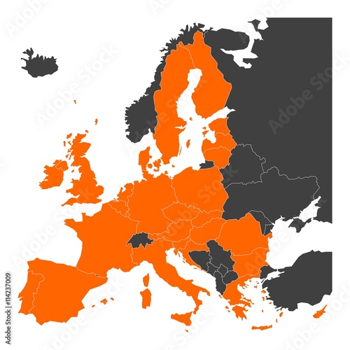 Grey map of Europe with orange highlighted 28 EU member states. Vector illustration. Simplified map of European Union.