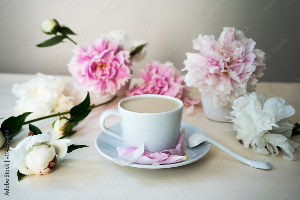 cappuccino and fresh peonies, still life cappuccino and fresh peonies, still life