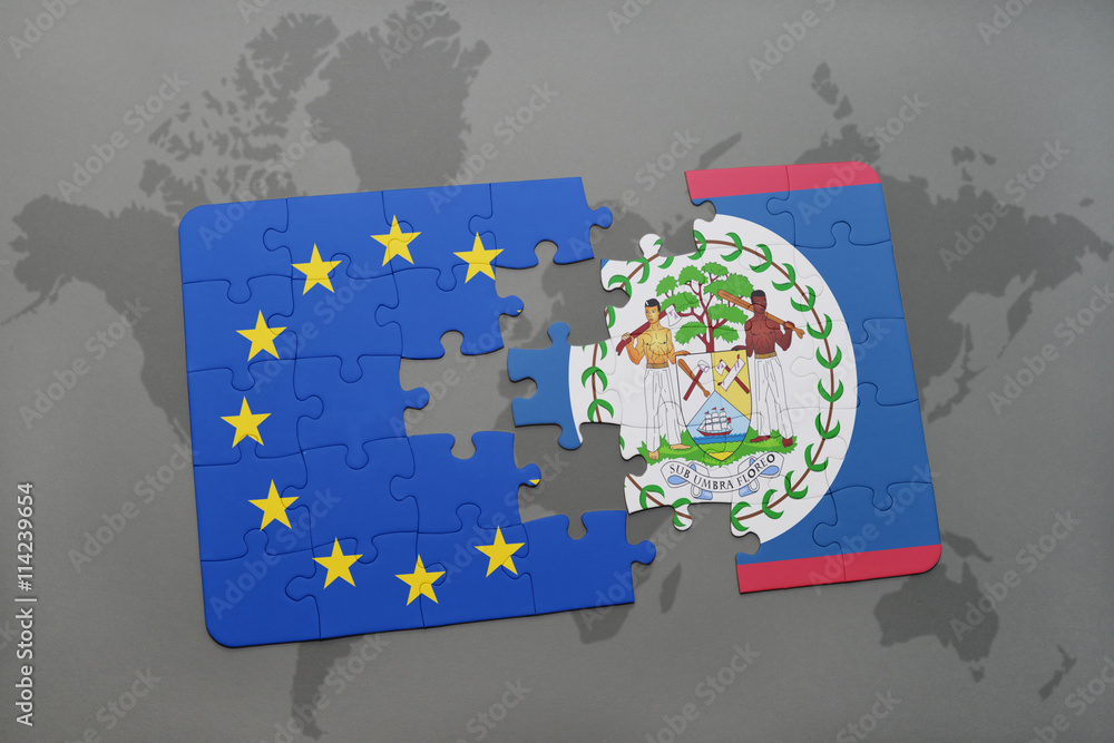 Puzzle With The National Flag Of Belize And European Union On A World puzzle-with-the-national-flag-of-belize-and-european-union-on-a-world