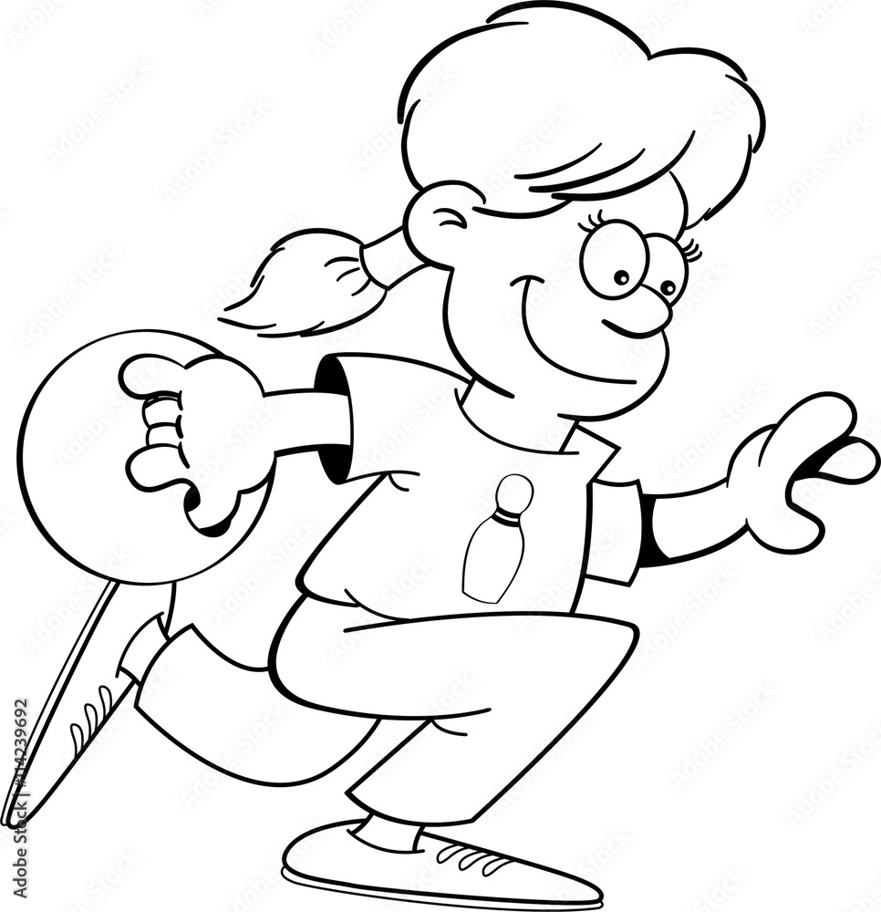 Black and white illustration of a girl bowling. Black and white illustration of a girl bowling.
