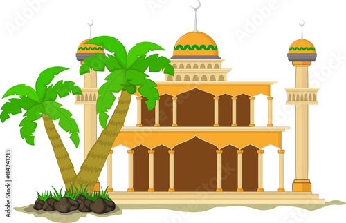 Muslim mosque isolated flat facade on white background. Flat with shadows architecture object. Vector cartoon design. Beautiful muslim temple icon illustration. Eastern cultural landmark. 