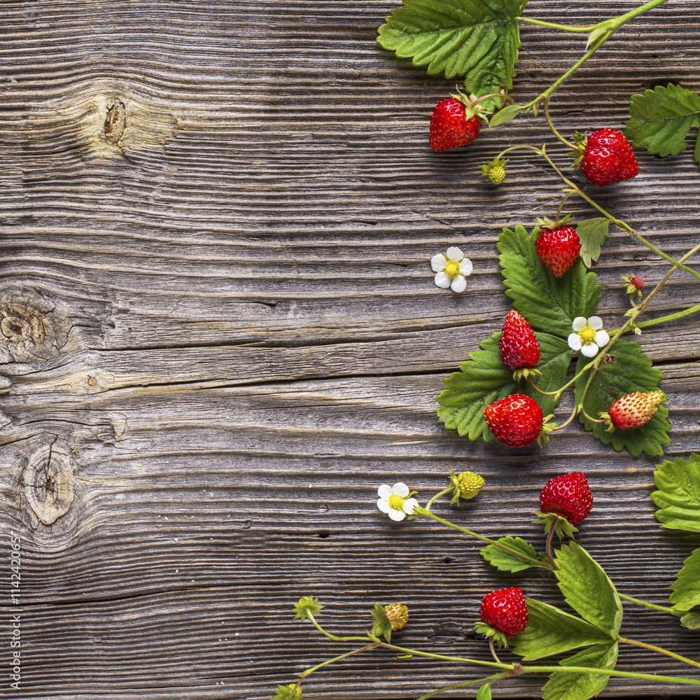 wild strawberries on wooden table - obrazy, fototapety, plakaty 