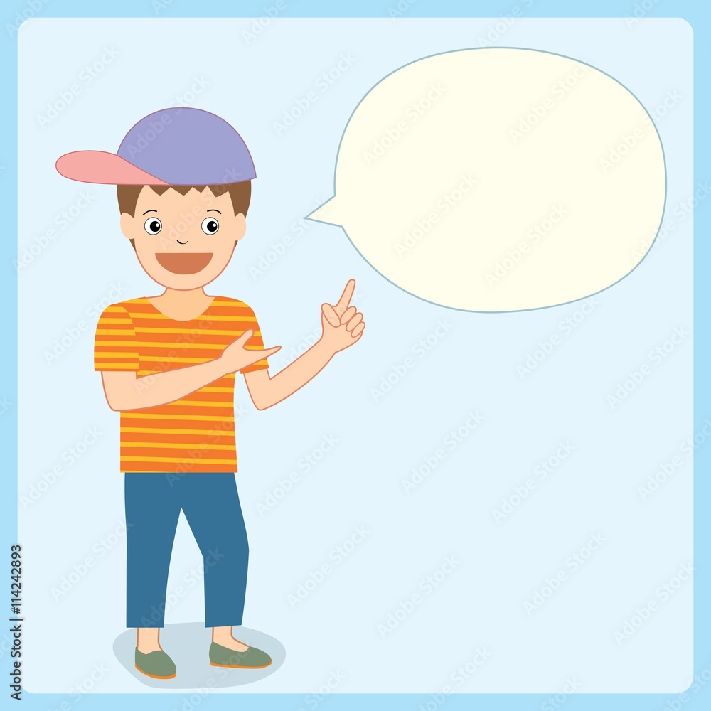 Illustration vector of a boy speaking with blank bubble on blue pastel background colors.Space for your text. Illustration vector of a boy speaking with blank bubble on blue pastel background colors.Space for your text.