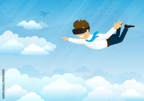 Happy guy is flying in the sky using head-mounted device for virtual reality. Concept illustration of virtual reality simulator to havg fun and flying in the sky. Futuristic device for game industry